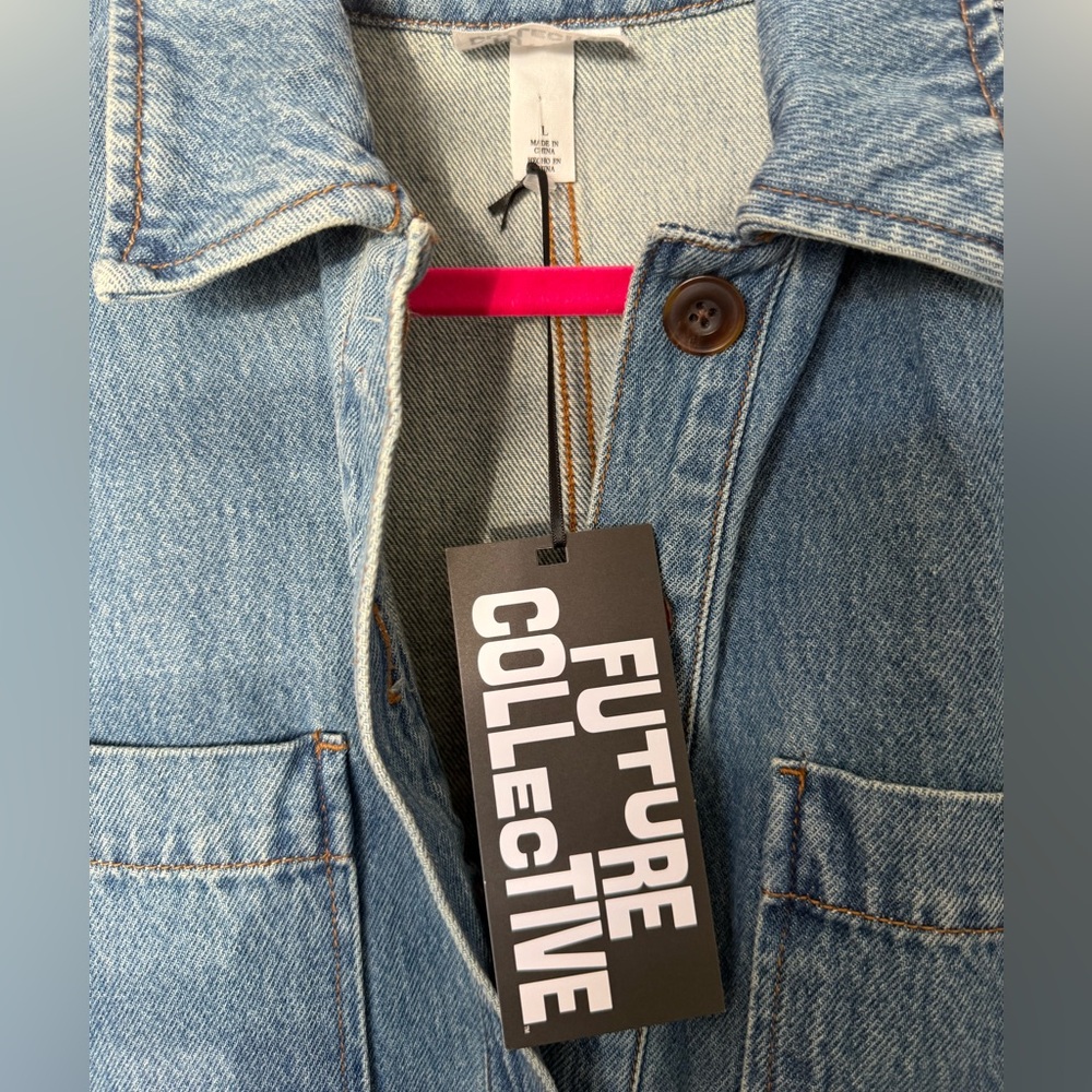 Future Collective Denim Mini Shirt Dress Button Front Large NWT - Picture 4 of 5